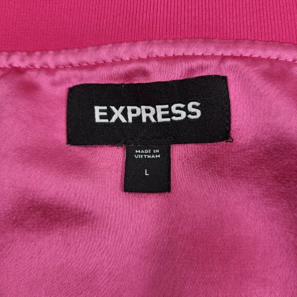 EXPRESS~SZ L~BRIGHT PINK SATIN LIKE FULL ZIP RUCHED SLEEVE BOMBER JACKET COAT - Picture 15 of 16